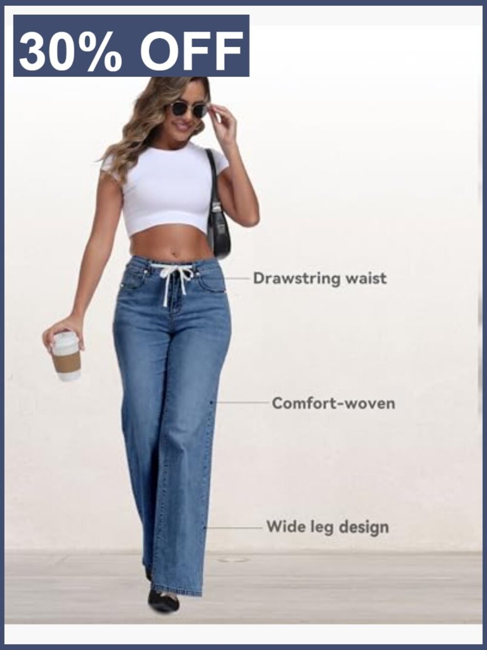 High Waist Wide Leg Jeans with Drawstring Stretchy Denim Pants - Picture 4 of 5